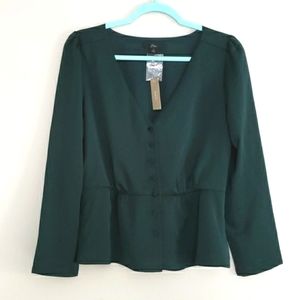 NWT J CREW DK.GREEN MATTE SATIN BUTTON DOWN BLOUSE